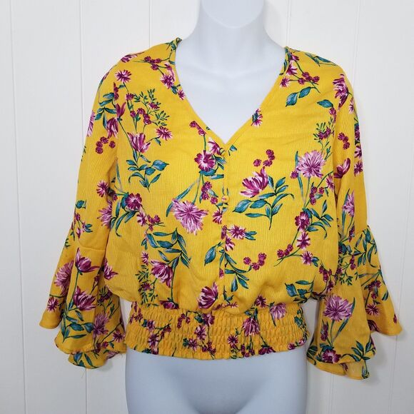 Women's Floral Smocked Yellow Top Size Medium Ruffled Sleeves - Picture 2 of 9